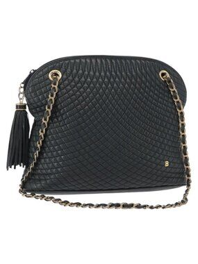 Authentic BALLY Chain Shoulder Bag Leather Navy Gold